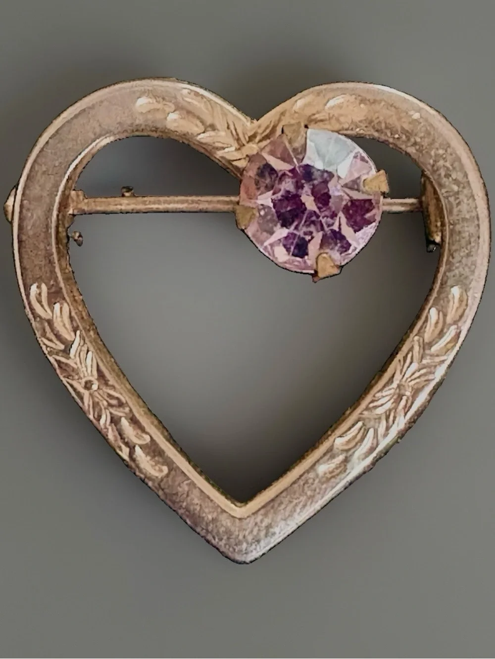 Vintage Sweetheart Brooch Gold Plated Purple Rhinestone Open Heart Brooch